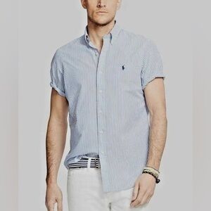 Ralph Lauren classic fit blue and white striped button down short sleeve shirt